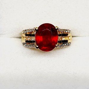 Ruby & White Topaz bridge ring in 14K Yellow Gold over 925 SS4.75 cts sz 5